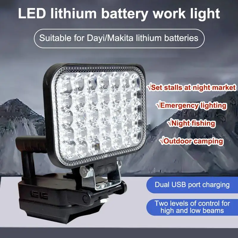 Rechargeable LED Work Light Lithium Battery Dual USB Charging High Low Beams for Car Repair Camping Emergency Use