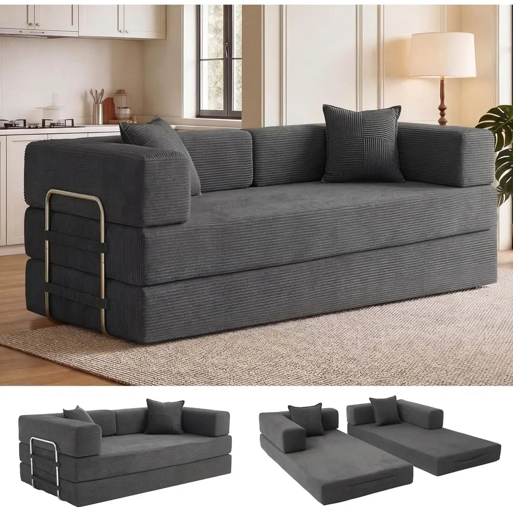 Convertible Sofa Bed with Mixed-Shape Cushions, Corduroy Floor Sofa Loveseat Sleeper, Suitable for Living Room, Bedroom, Small A