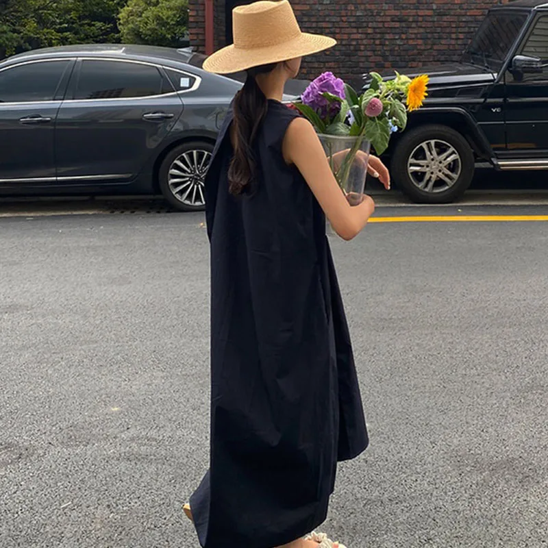 레트로 여름 민소매 라운드 넥 느슨한 여성 드레스 세련된 순수 컬러 백리스 조끼 드레스 한국 스타일 캐주얼 롱 드레스