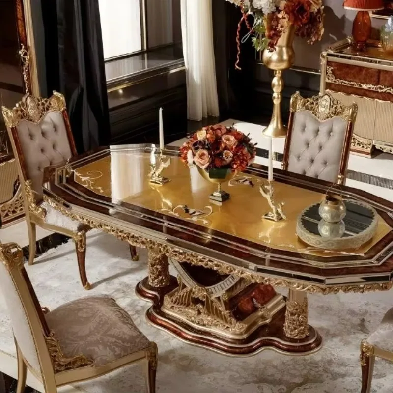 French Style Solid Wood Dining Table Royal Villa Luxury Gold Foil Hand Painted Design European Home Large Dining Table Custom