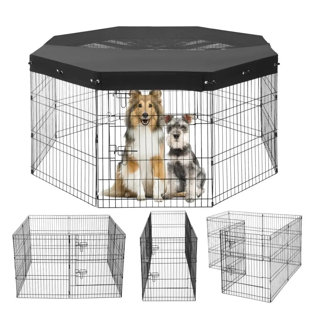 

Dog Foldable Metal Playpen with 8 Panels Top Cover 30H Exercise Pen