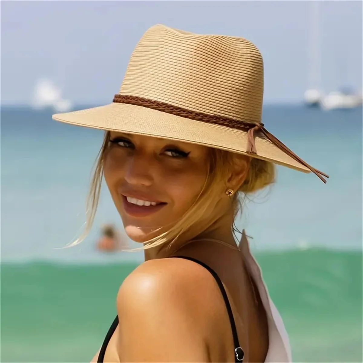 Classic Panama  Cap Braided Belt Decor Straw Sun HatSimple Unisex Travel Beach Hats For women