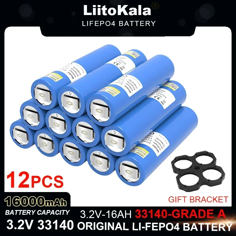 

12pcs LiitoKala 3.2V 33140 16Ah lifepo4 Battery Lithium iron phosphate for 4S 12v 24V RV E-scooter power tools batteries +Nickel