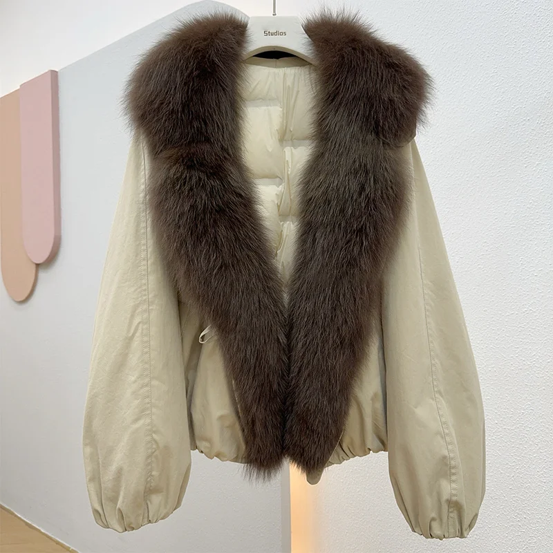 新しいファッション冬暖かい女性ダウンジャケット本物の天然キツネの毛皮の襟ジャケット厚い女性カジュアルアウターパファーパーカーコート