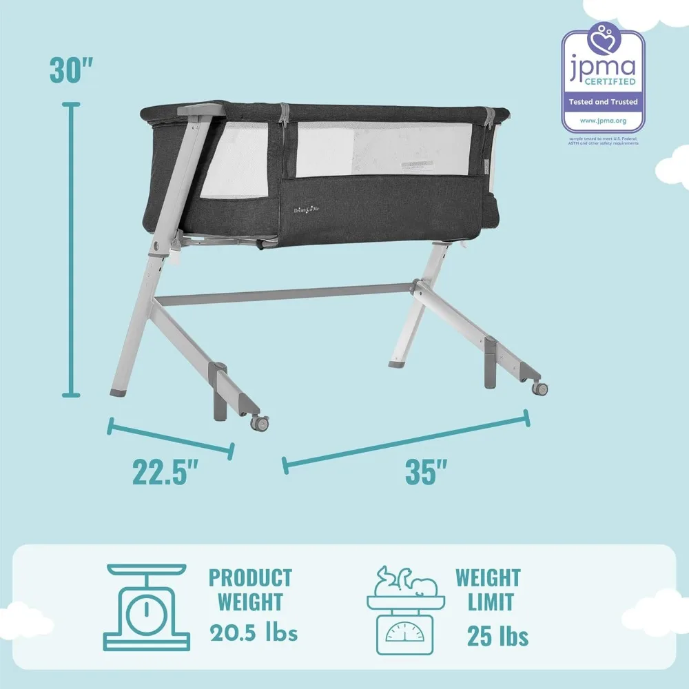 Bassinet and Beside Sleeper in Black, Lightweight and Portable Baby Bassinet, Five Position Adjustable Height