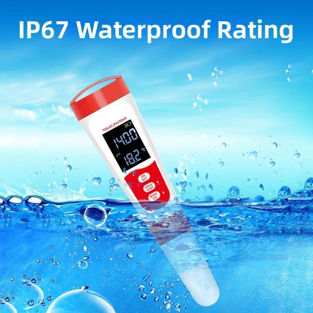 Water Test Pen for For PH Total Dissolved Solids Conductivity and Temp 0.01 For PH Resolution 0-14 For PH Range 0-9999 ppm