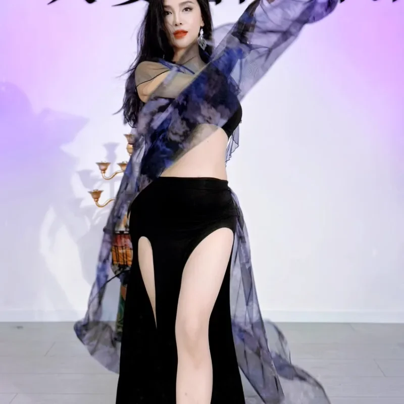 Roupas de dança do ventre personalizadas, roupa de prática, preto, rosa, roxo, véu, conjunto de saia, traje de dança oriental, roupa de dança exótica