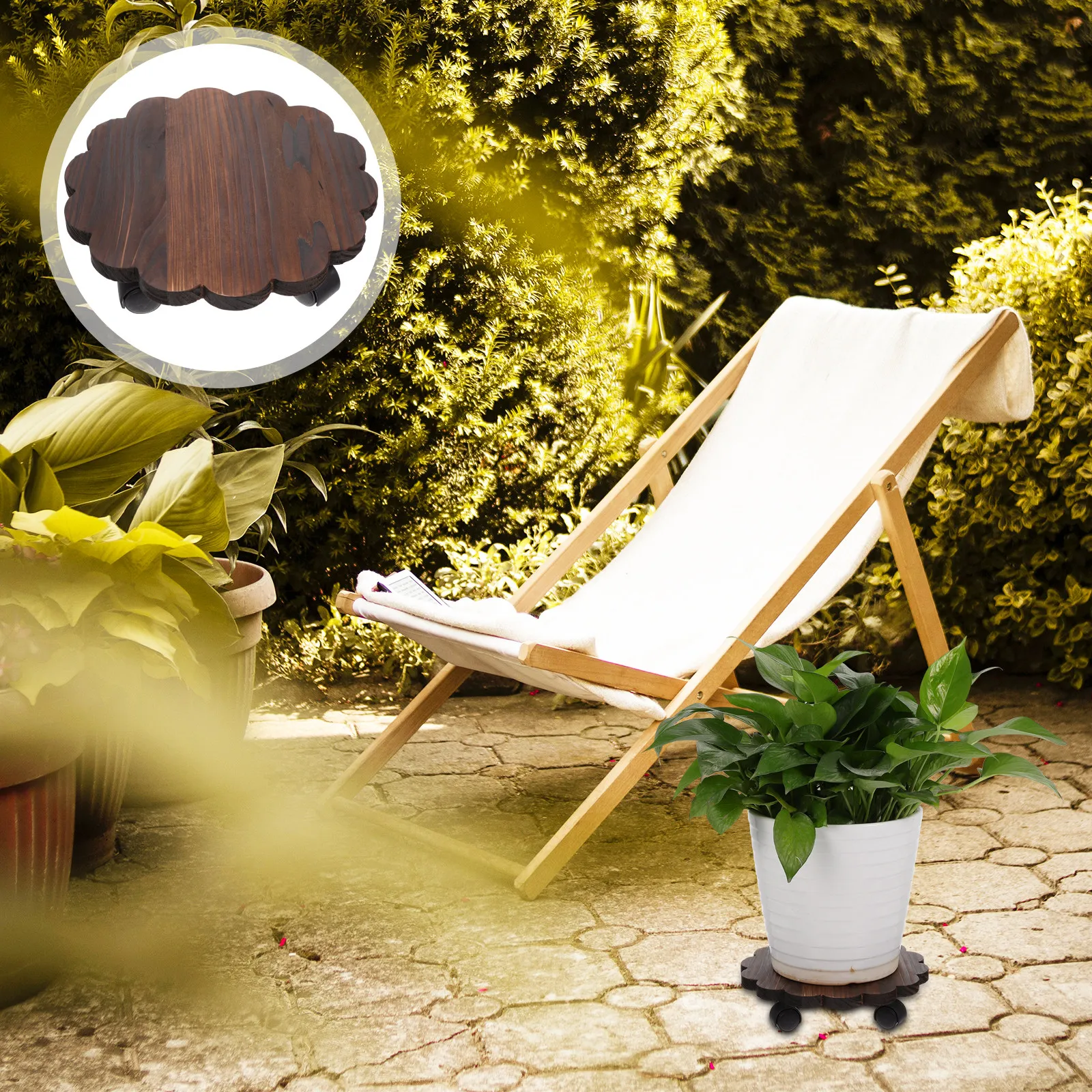 1Pcs Sturdy Wooden Flowerpot Movable Tray with Load Bearing Casters and Brake Function for Indoor Outdoor Plant Display Garden