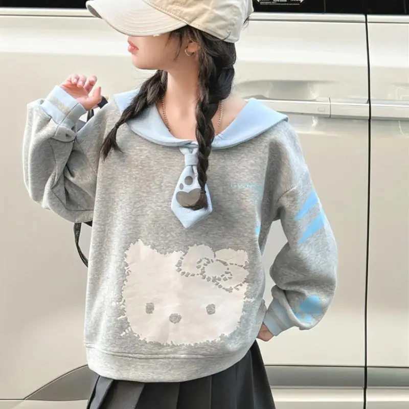 Sanrio Child College Style Hoodie Girl Cute Sweet Hello Kitty Cartoon Printing Fashion Trend Navy Leader Vitality Leisure Jacket