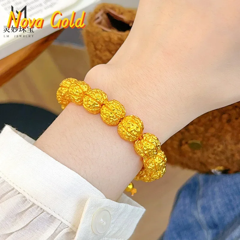 NovaGlod New Chinese style 24K hammer pattern Vajra Bodhi bracelet Walnut 9999 True gold formless Buddha Lotus tee bracelet domi