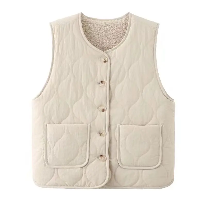 Winter New Fashion Women Warm Cotton Vest Lamb Wool Warm Large Pocket Loose Sleeveless Vest Girl Casual Large Size Coat S-2XL