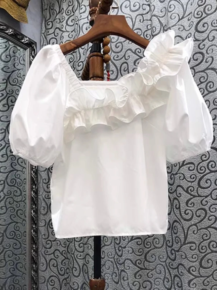 

French Design Blouses Ruffles Patchwork Solid Color Square Collar Puff Sleeve Shirts Summer All Match Elegant Women's Clothing
