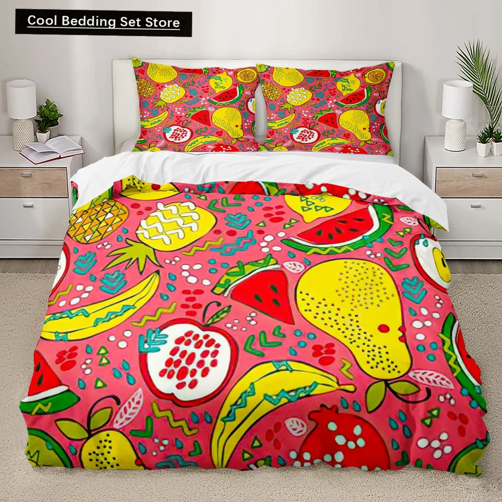 

Cartoon Fruit King Queen Duvet Cover Summer Tropical Fruit Bedding Set for Boy Girl Banana Pear Red 2/3pcs Polyester Quilt Cover