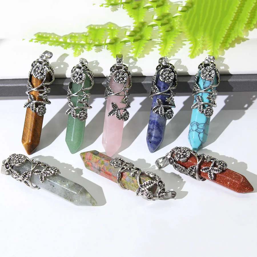 6 خمر سبائك زهر البرقوق الحجر الطبيعي سداسية العمود المعلقات DIY بها بنفسك شقرا مجوهرات و البندول اكسسوارات بالجملة