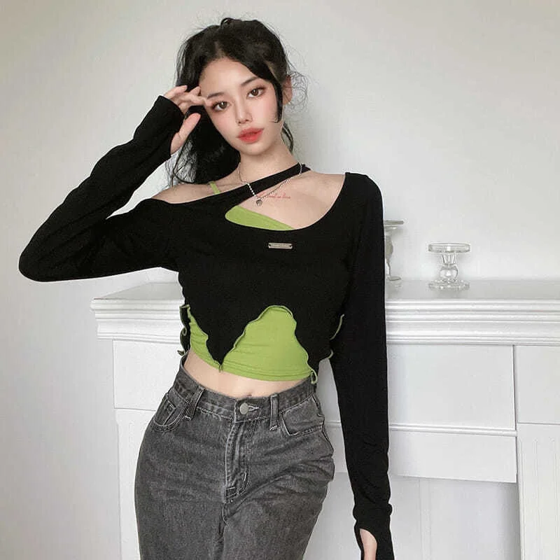 New Hollow Long Sleeve T-shirt + Camisole Two-piece Tee Fashion Off-shoulder Slim Asymmetric Crop Tops Woman