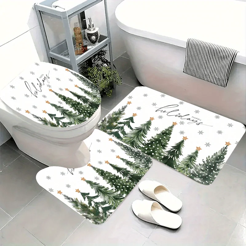 2D Flat White Background Green Christmas Tree Bathroom Mat Set, 3pcs, Star Snowflake Holiday Pattern, Home Decor for Bathroom
