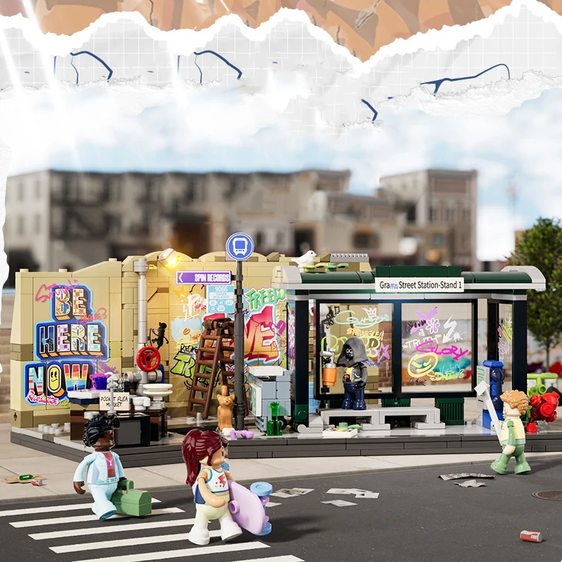 Animation American Street Series Graffiti Bus Stop Small Street Scene Building Block Model Urban Toy Architecture Birthday Gift