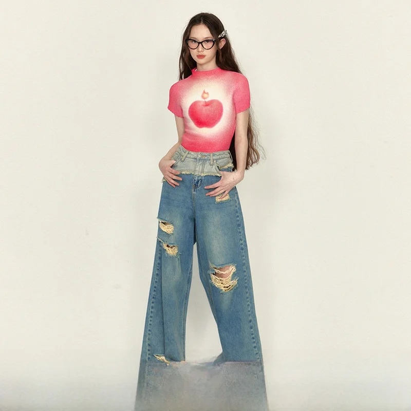 

Annatto ort Sve T-irt Women's New Sweet And Spicy Bm Sle Top Creative Food Pattern Slim Fit round Ne ort L...