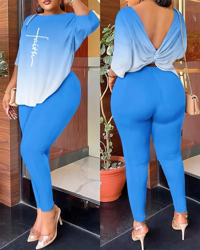 Fashion Two-piece Set Women's Printed Backless Short Sleeve Casual Tshirt Leggings Slim Two-piece Set Women Outfits 2023 Sets