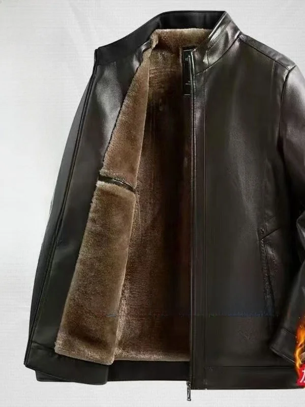 Thickened Fleece Lined Stand Collar Men's Leather Jacket Warm Business Casual Style Long Sleeve Zipper Closure Coat for Winter