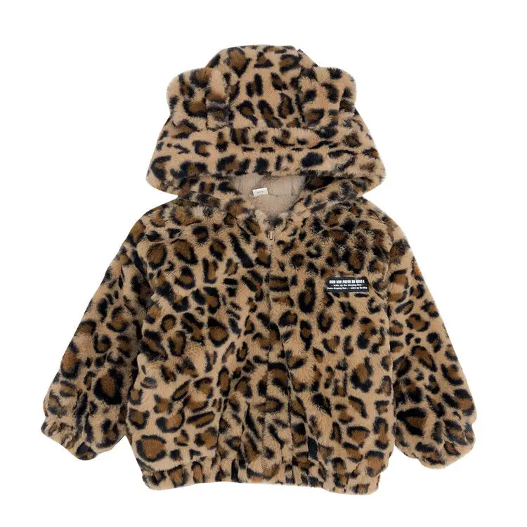 Cappotto invernale per bambina in peluche e peluche spesso, per bambini, con stampa leopardata, indumento esterno ispessito, abbigliamento per