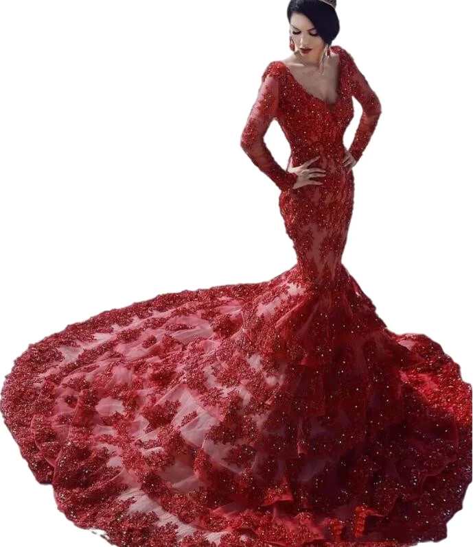 Lllusion mangas compridas sereia vestidos de casamento 2023 v pescoço frisado rendas apliques em camadas vermelho capela trem fishtail nupcial vestidos