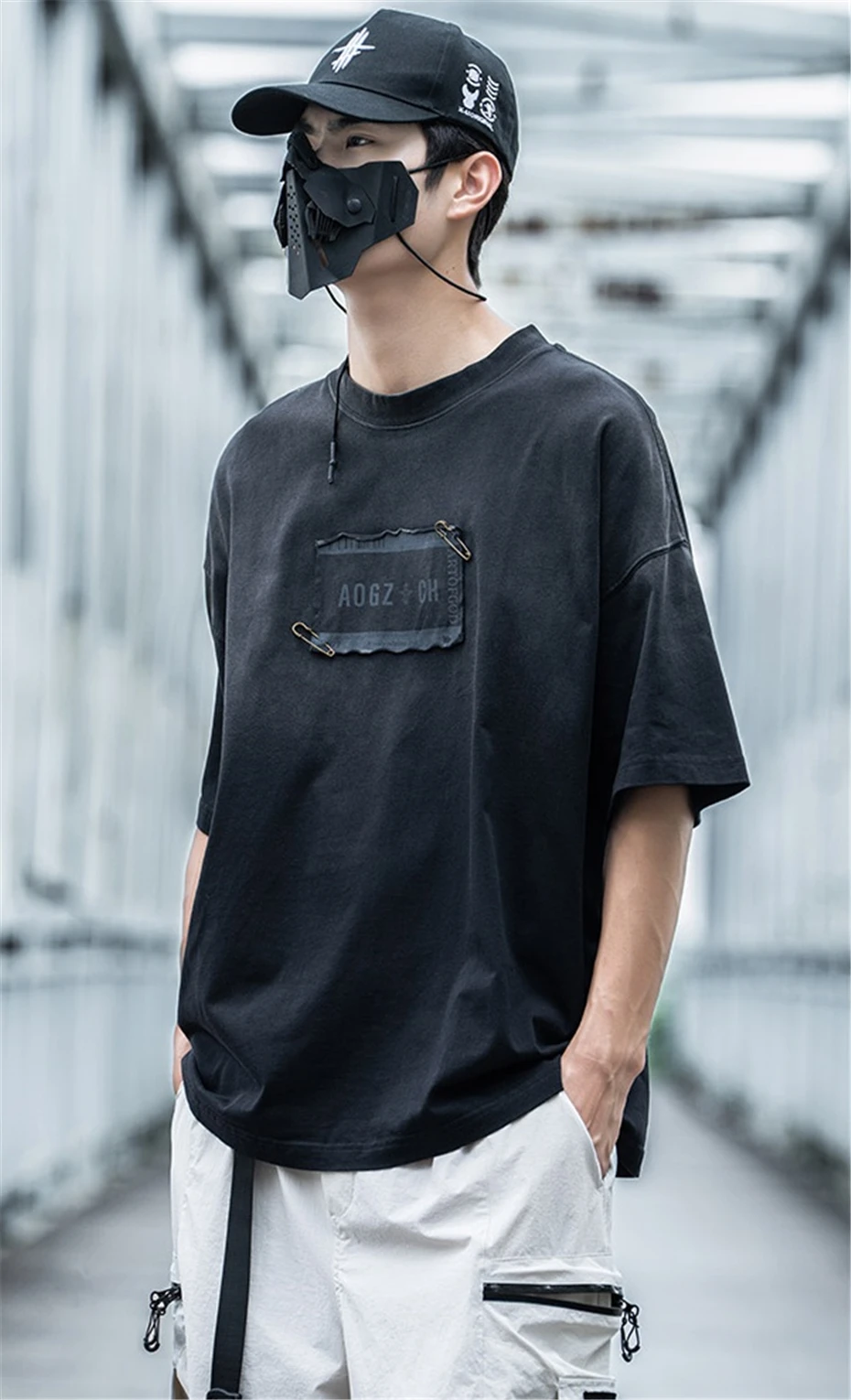 Mens Patch Print T-Shirt Streetwear Hip Hop Punk Y2k Short Sleeve TShirt Men Harajuku Vintage Loose Casual Cotton Tees Tops Male