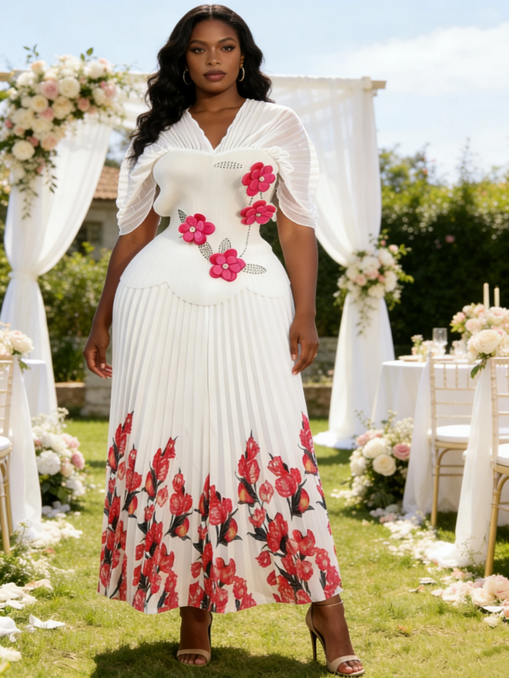 

Miyaki's New Plus-Size Three-Dimensional Floral Two-Piece Set: Top + Pleated Skirt with Printed High-Elastic Batwing Sleeves, V-Neck, Waist-Cinching, Slimming, Elegant, High-End Fashion