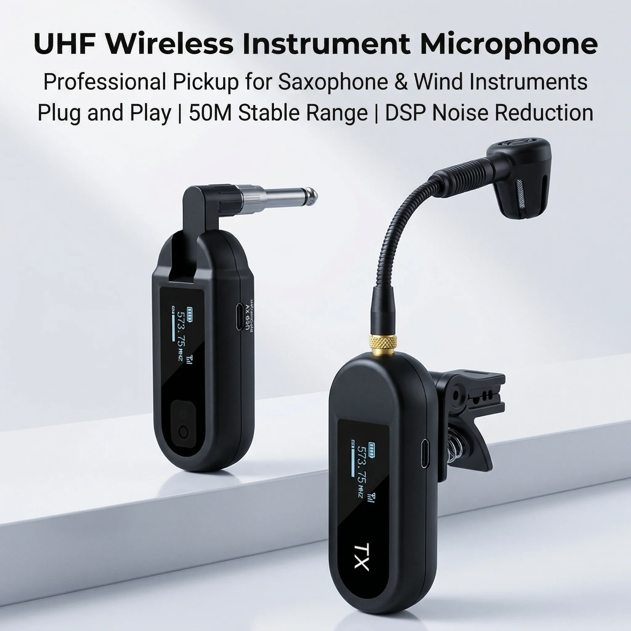 

Беспроводной UHF микрофон для саксофона, трубы, кларнета, Plug & Play, с шумоподавлением DSP, радиус действия 50 м, перезаряжаемый, для духовых инструментов