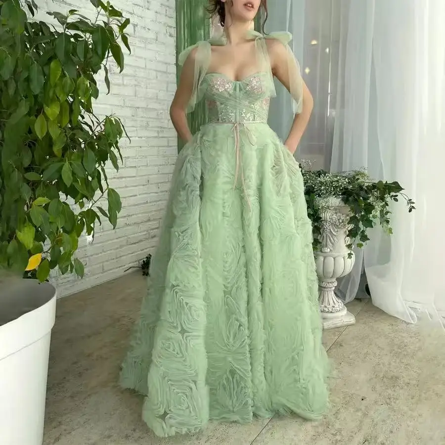 

Customized Glamour Spaghetti Straps 3D Emborider Lace Mint Gown for Evening Feminine Prom Dress with Pocket