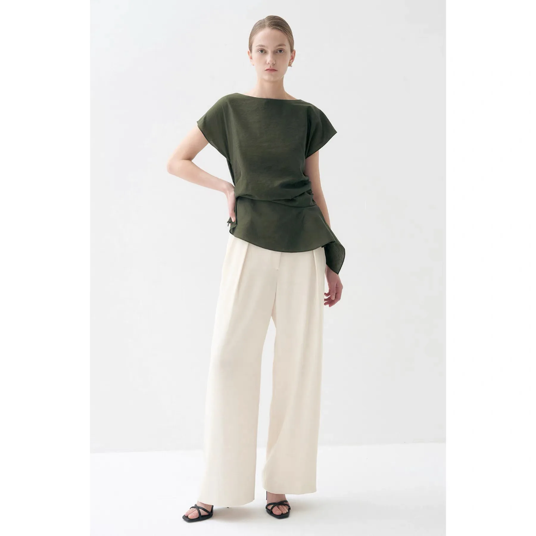 

Lemon Cheese LAN26 Summer Fashion round Neck Pleated Side Waist Belted Slim Short Sleeve Small Shirt Women's Commute Style