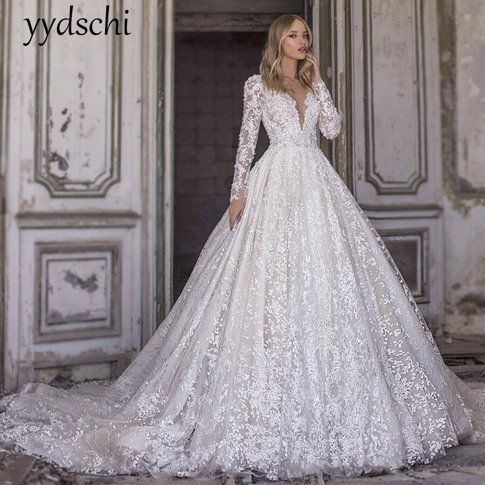 

فستان حفلات الزف Vintage Wedding Dresses 2023 V-Neck Long Sleeve Backless Vestido De Novia Lace Appliques Shiny Bride Dress