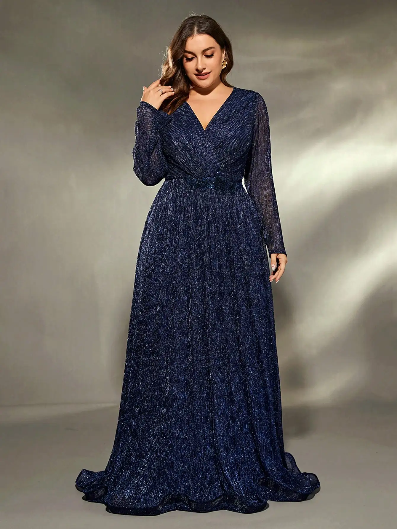 Mgiacy V-neck irregularly crossed long-sleeved pleated sequined wide-legged dress