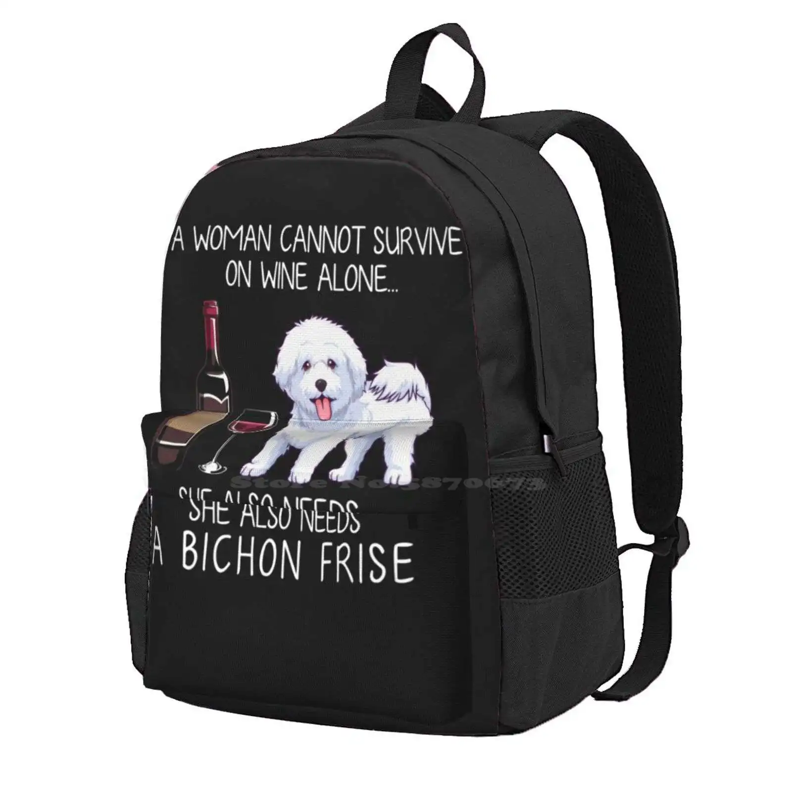 Bichon Frise And Wine Funny Dog Hot Sale Schoolbag Backpack Fashion Bags Dog Mom Funny Dog Doggy Funny Cat And Dog Dog And Wine