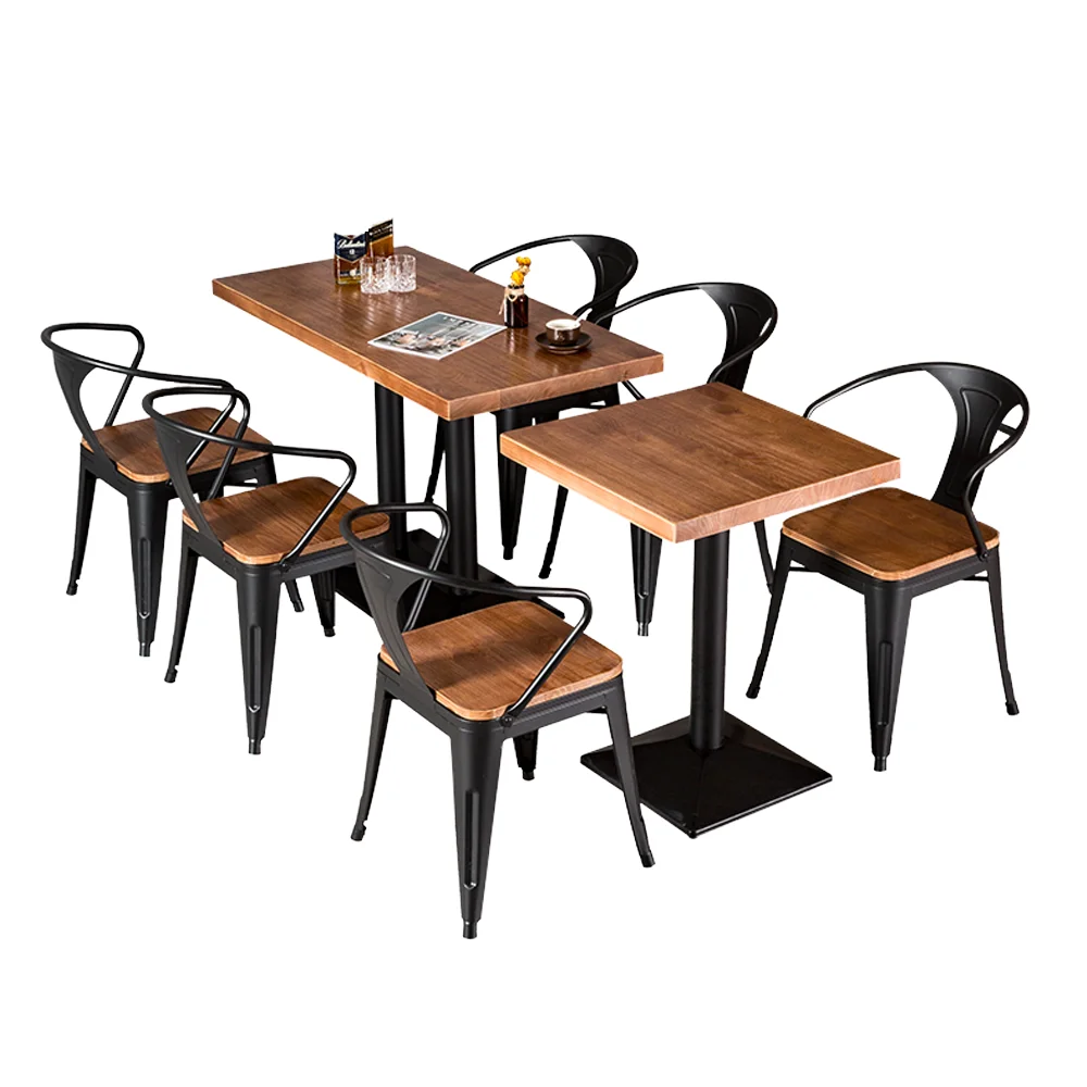 

Modern Industrial Style Coffee Shop Fast Food square Cafe Commercial Wood Restaurant Furniture Seating Table and Chair Set