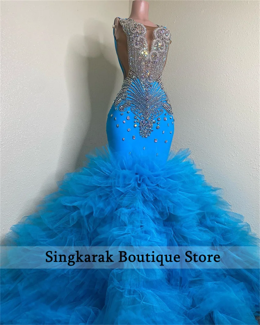 Luxuy Blue Diamonds Long Prom Dresses 2025 Beads Rhinestone Crystal Ruffle Wedding Reception Birthday Party Gown Customized