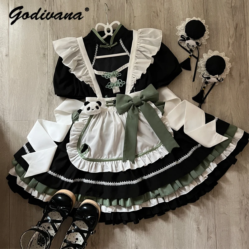 Lolita Maid Dress 2024 New Summer Chinese Style Women Cute Girls Short Sleeve Buckle Op Dress with Apron Leg Warmer Outfits