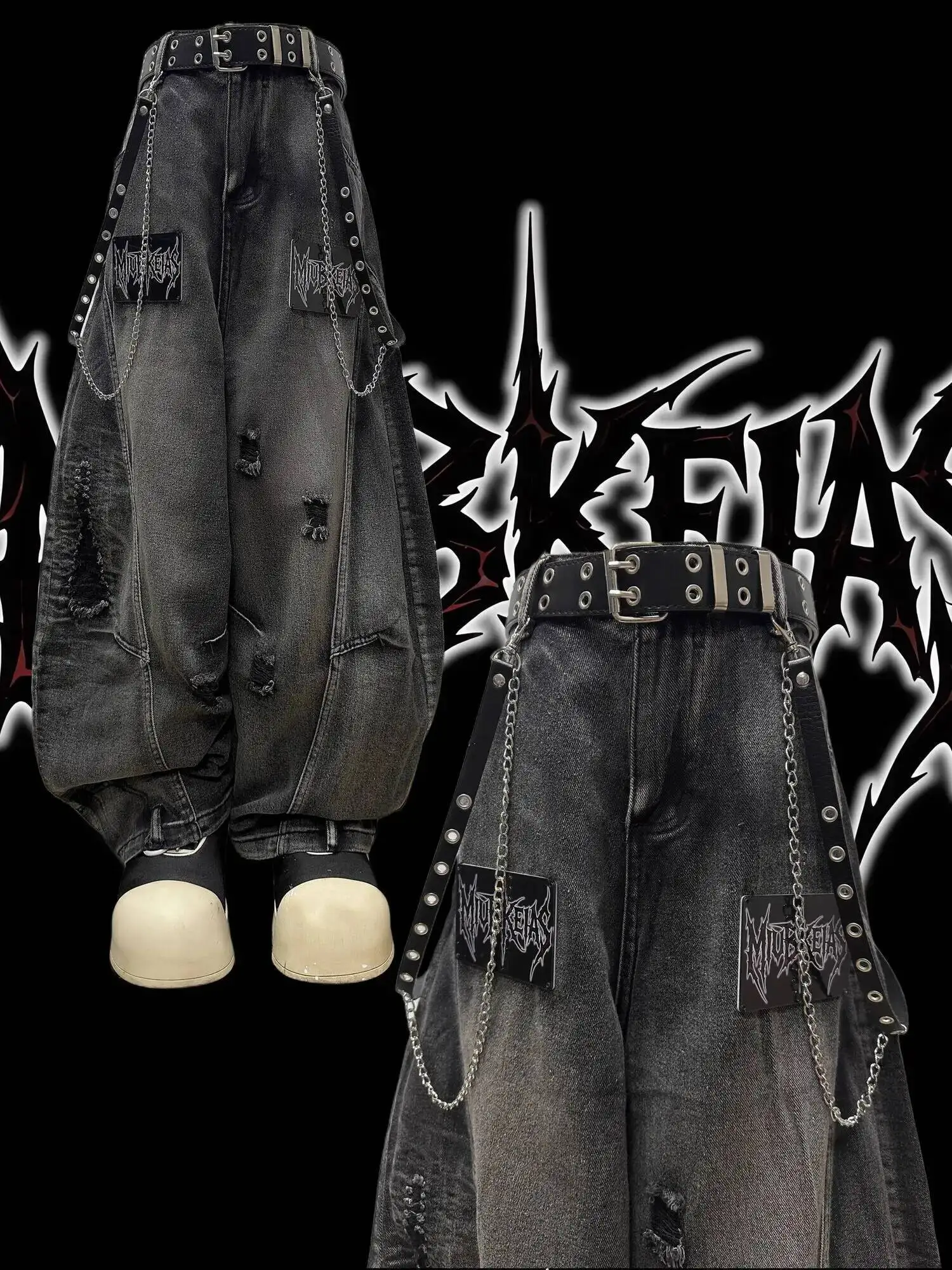 Spodnie jeansowe unisex w stylu punk gothic na jesień i zimę, streetwearowe, z napisami, postarzane, luźne, z szerokimi nogawkami, styl Y2K.