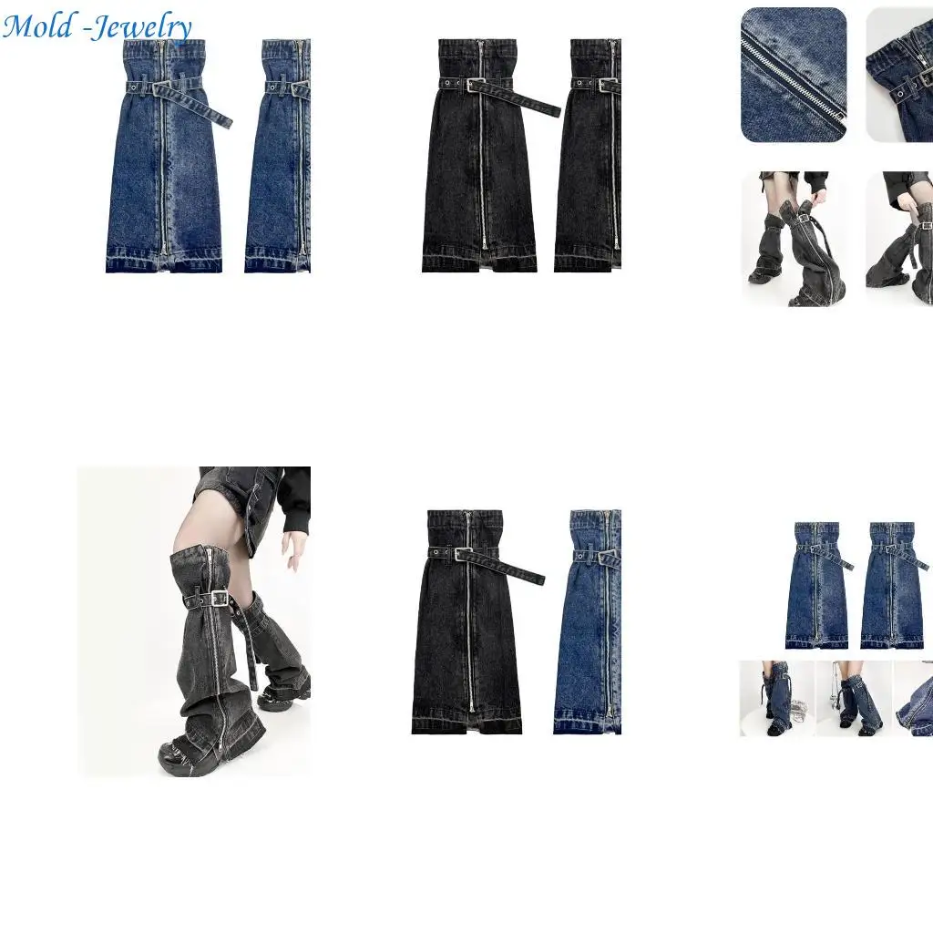 

69HB Women Fashion Harajuku Washed Denims Leg Cover Vintage Buckled Strap Zippers Punk Jeans Flared Long Socks Leg Warmers