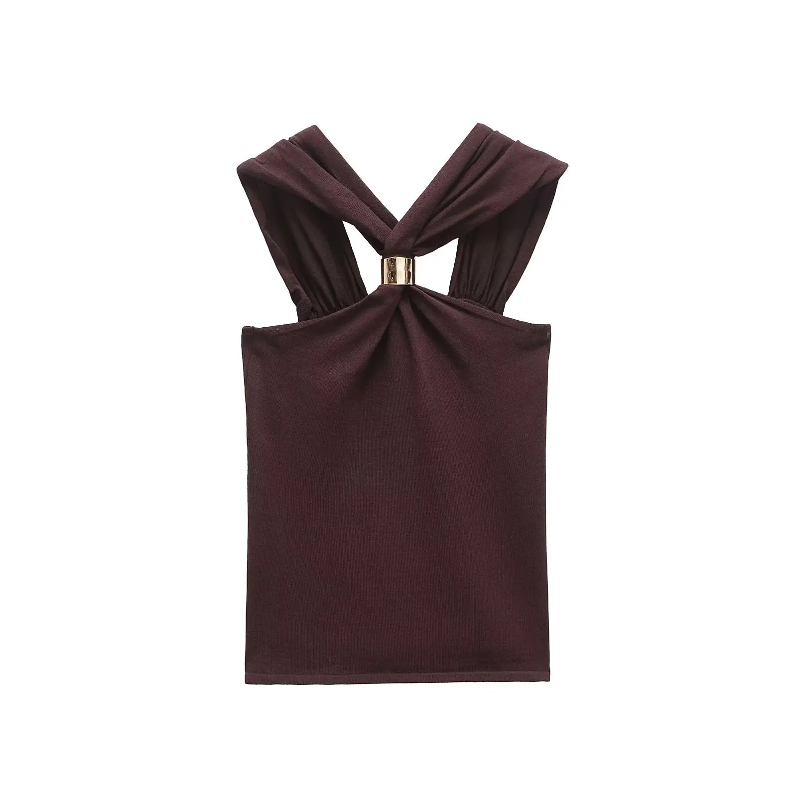 Summer and Autumn Simple Commuting European and American Style Gold Inlaid Hanging Neck Collar Knitted Tops