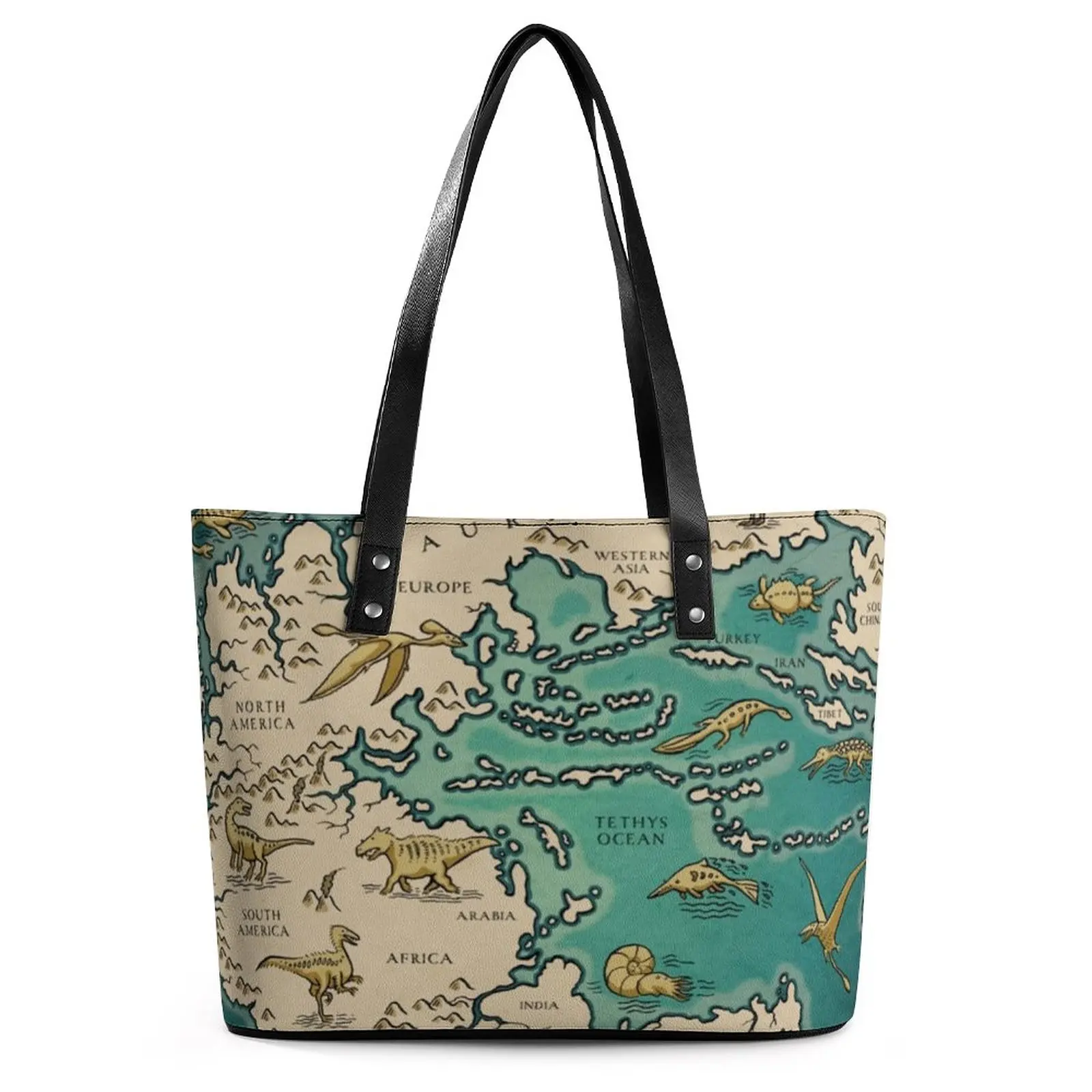 Vintage Map Handbags Supercontinent Pangaea PU Leather Shoulder Bag Lady Work Designer Tote Bag Ziplock Retro Beach Bags