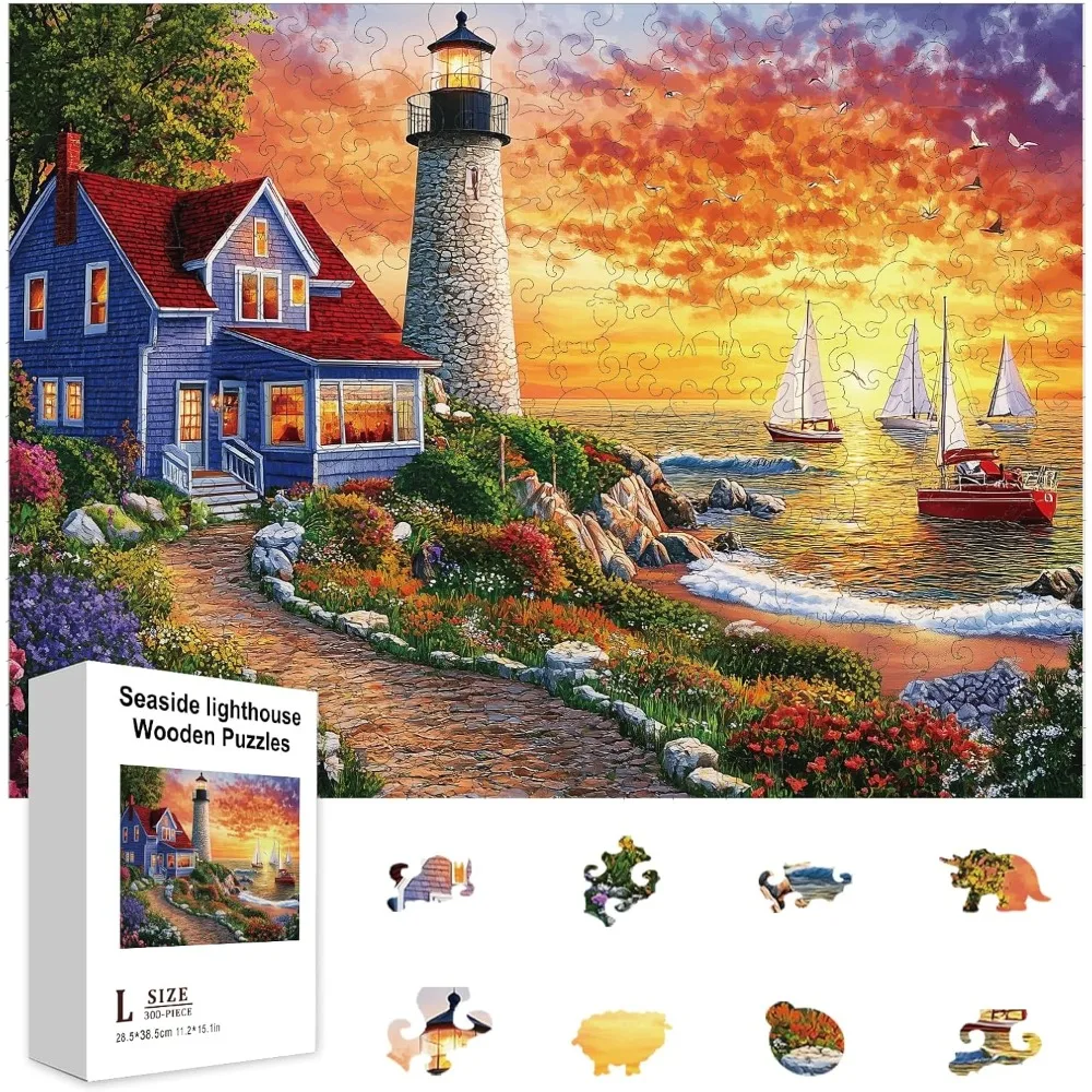 

300 шт. деревянные пазлы с приморским маяком для взрослых, сад, закат, красочные уникальные пазлы в форме животных для праздника