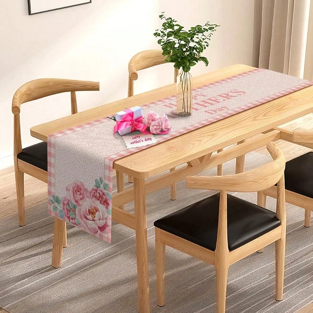 1 Stück Muttertags-Tischläufer mit Blumenmuster, Leinen 2D-Druck, Rosa Rosen- und Nelken-Tischdekoration für Esszimmer & Küche, Muttertags-Akzente