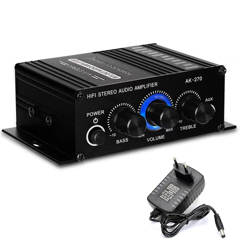 AK-270 2.0 Channel Home Amp Bass & Treble Adjustment Stereo Audio Home Cinema Sound System DC12V EU Plug 1 PCS