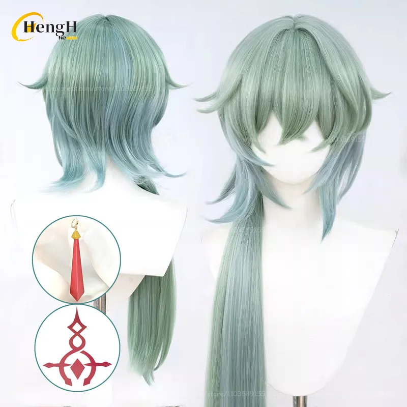 

Game HSR Anaxagoras Synthetic Hair Lime Green Gradient Cosplay Wig And Earring Anaxa Heat Resistant Hair Party Wigs + Wig Cap