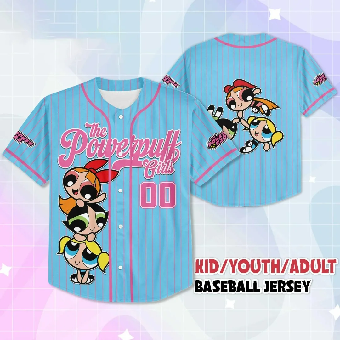 Das gestreifte Baseball-Trikot der Powerpuff Girls im Y2K-Anime-Cartoon-Stil, ein Oberteil für Kinder, Jugendliche und Erwachsene, ein Unisex-Streetwear-Modell, ein Herren-T-Shirt und ein Damen-T-Shirt. – Detail 3