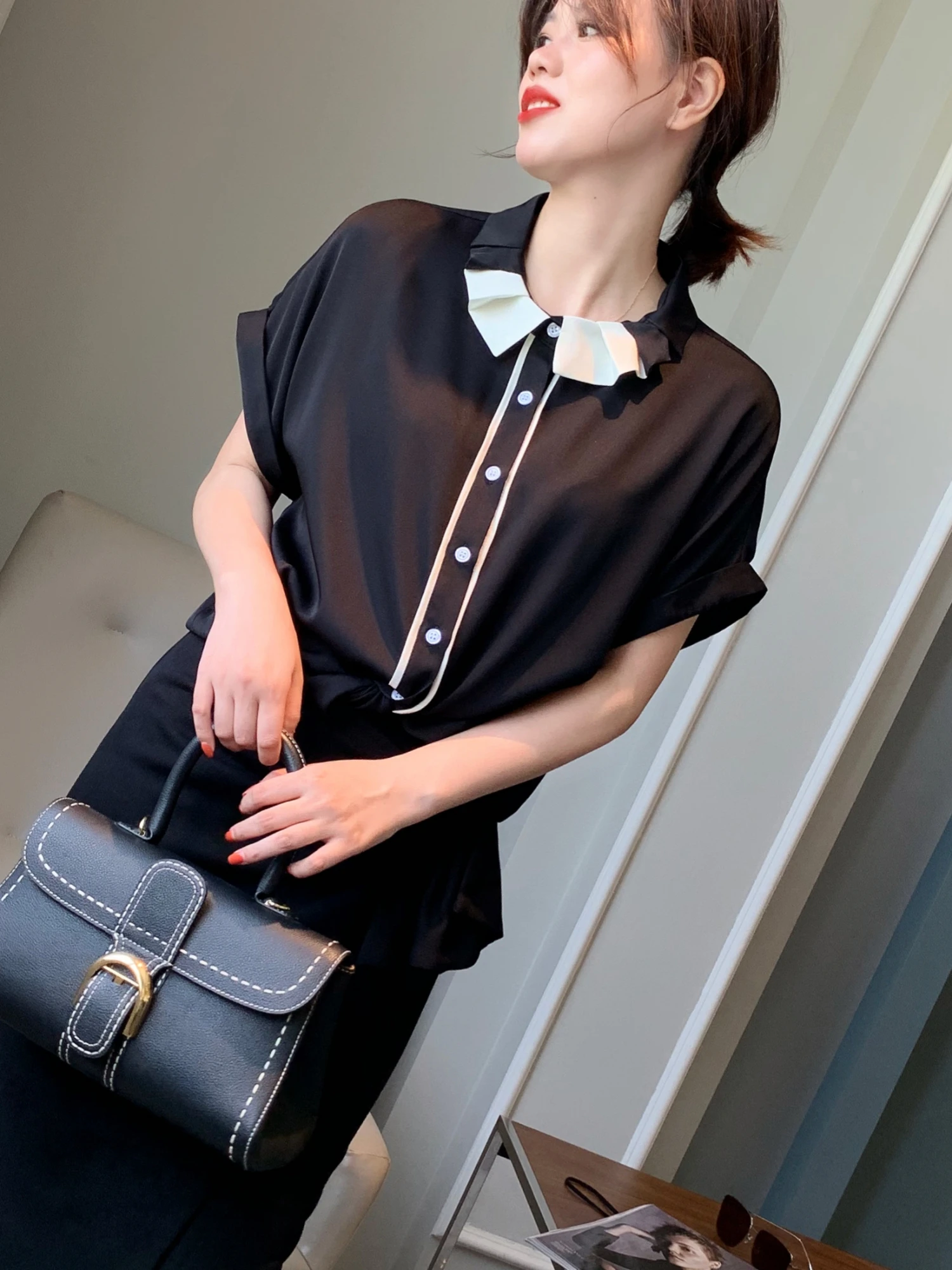 

Ele High-End Silk 00% Silk ort Sve Women's irt Bla Original Design Loose Fit Breathable Summer Top