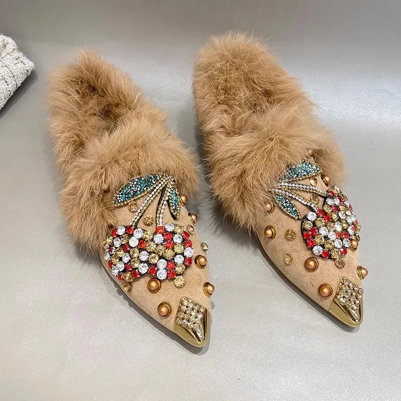 New Rabbit Fur Pearl Multi Cystal Cherry Fox Flats Loafers Crystal Studs pointy toe Winter Fur Causal Shoes Woman Footwear