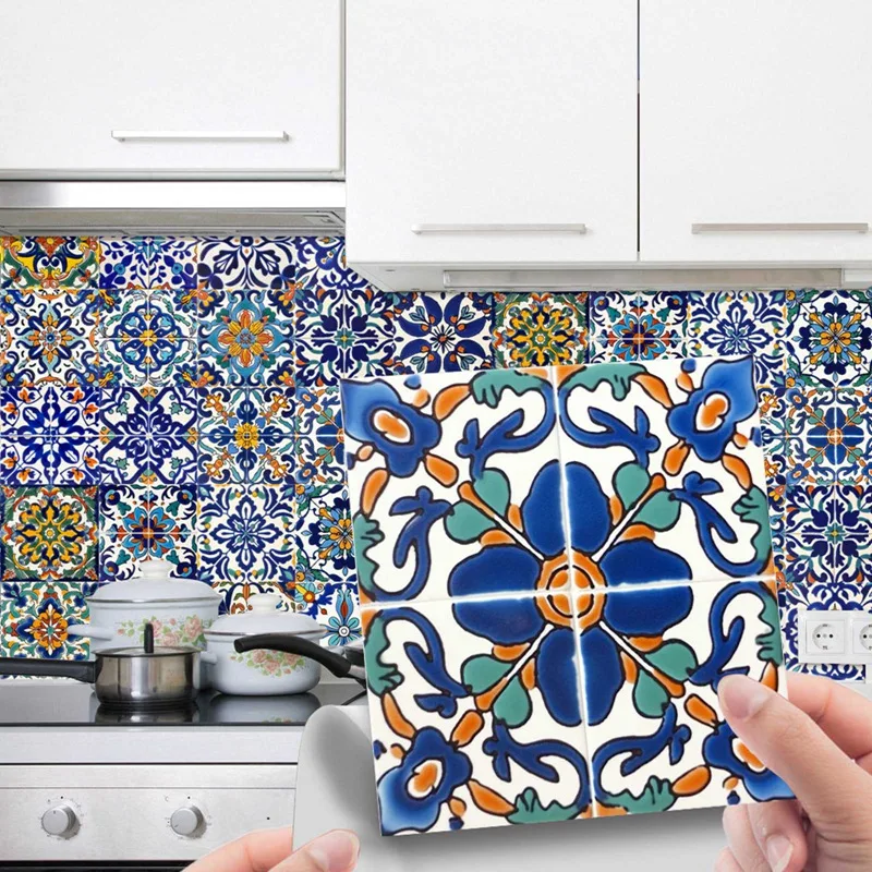 24pcs Moroccan Style Tiles Wall Sticker Self-adhesive Wall Decal for Kitchen Bathroom Tables Floor Hard-wearing Art Wall Decals