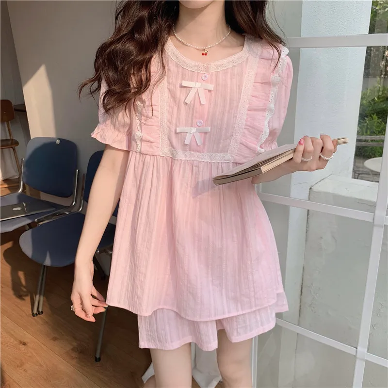Soft Home Spring Solid Short Sleeve Sweet Casual Kawaii Pajamas Set Women Lace Loli Loose Comfortable Ins O-Neck Vacation